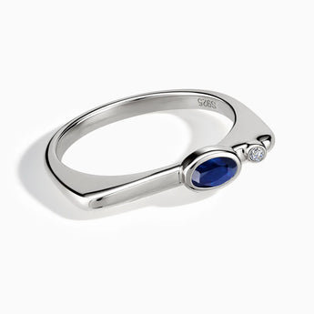 925 Sterling Silver Oval Blue Sapphire Puzzle Stacking Ring - Minimal Form Front View