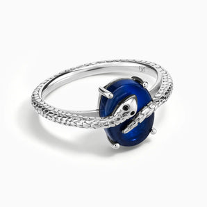925 Sterling Silver Oval Blue Sapphire Wrap Serpent Ring - Coiled Sanctum Front View