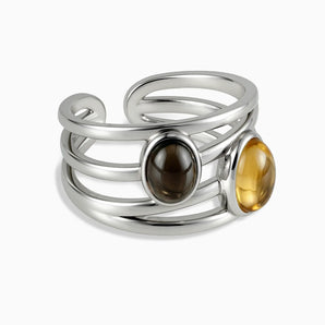 925 Sterling Silver Oval Citrine & Smoky Quartz Ring - Echo of Balance Front View