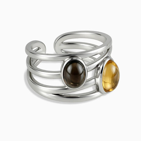 925 Sterling Silver Oval Citrine & Smoky Quartz Ring - Echo of Balance Front View
