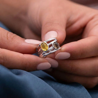 925 Sterling Silver Oval Citrine & Smoky Quartz Ring - Echo of Balance Hand-Held View