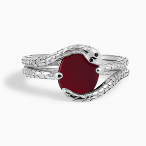 925 Sterling Silver Oval Garnet Coil Ring - Serpent's Embrace Front View