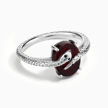 925 Sterling Silver Oval Garnet Wrap Serpent Ring - Coiled Sanctum Front View