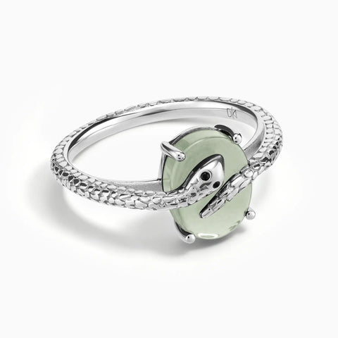925 Sterling Silver Oval Green Amethyst Wrap Serpent Ring - Coiled Sanctum Front View
