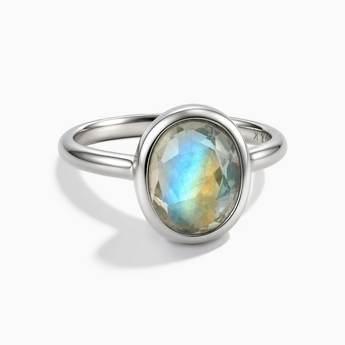 925 Sterling Silver Oval Labradorite Bezel Ring - Harmony Front View
