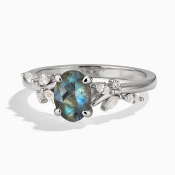 925 Sterling Silver Oval Labradorite Branch-Like Ring - Sylvan Charm Front View