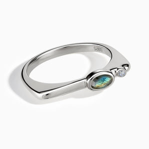 925 Sterling Silver Oval Labradorite Puzzle Stacking Ring - Minimal Form Front View