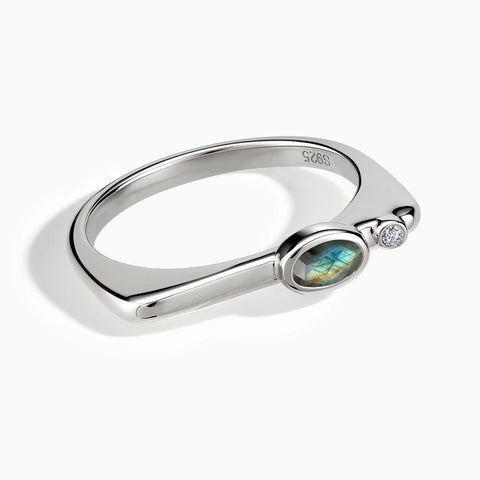 925 Sterling Silver Oval Labradorite Puzzle Stacking Ring - Minimal Form Front View