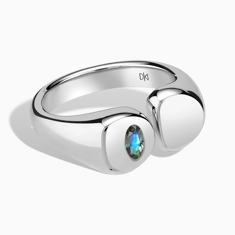 925 Sterling Silver Oval Labradorite Signet Ring - Close at Hand Front View
