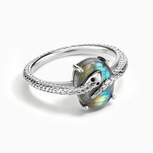 925 Sterling Silver Oval Labradorite Wrap Serpent Ring - Coiled Sanctum Front View
