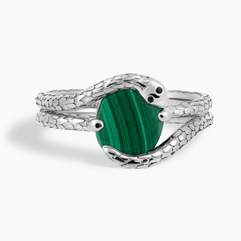 925 Sterling Silver Oval Malachite Coil Ring - Serpent's Embrace Front View