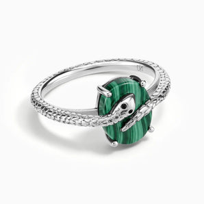 925 Sterling Silver Oval Malachite Wrap Serpent Ring - Coiled Sanctum Front View