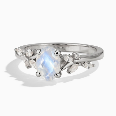 925 Sterling Silver Oval Moonstone Branch-Like Ring - Sylvan Charm Front View