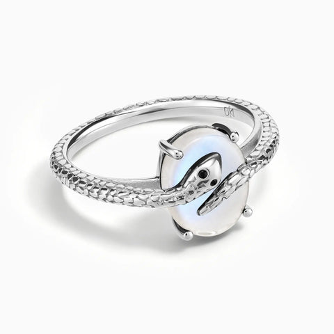 925 Sterling Silver Oval Moonstone Wrap Serpent Ring - Coiled Sanctum Front View