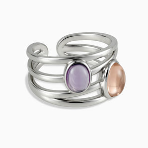 925 Sterling Silver Oval Morganite & Amethyst Ring - Echo of Balance Front View
