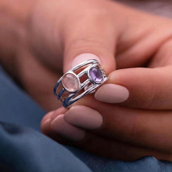 925 Sterling Silver Oval Morganite & Amethyst Ring - Echo of Balance Hand-Held View
