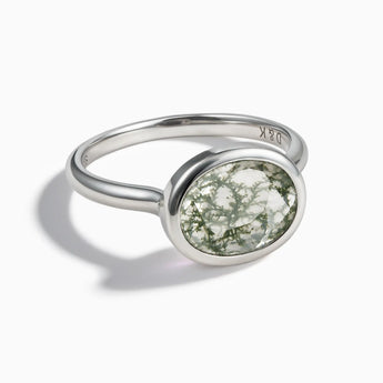 925 Sterling Silver Oval Moss Agate Bezel Ring - Contour Front View