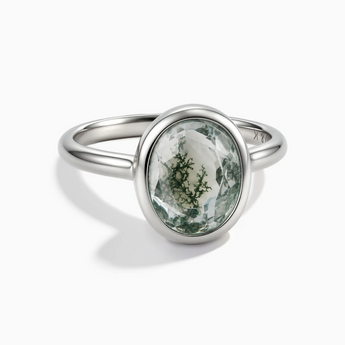 925 Sterling Silver Oval Moss Agate Bezel Ring - Harmony Front View