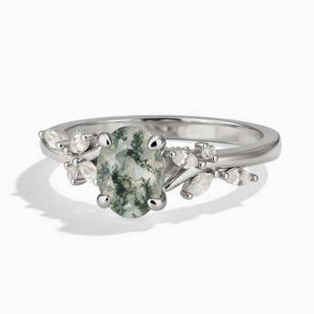925 Sterling Silver Oval Moss Agate Branch-Like Ring - Sylvan Charm Front View