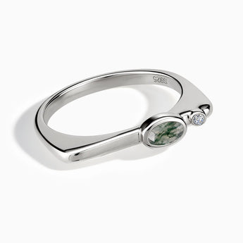 925 Sterling Silver Oval Moss Agate Puzzle Stacking Ring - Minimal Form Front View