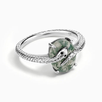 925 Sterling Silver Oval Moss Agate Wrap Serpent Ring - Coiled Sanctum Front View