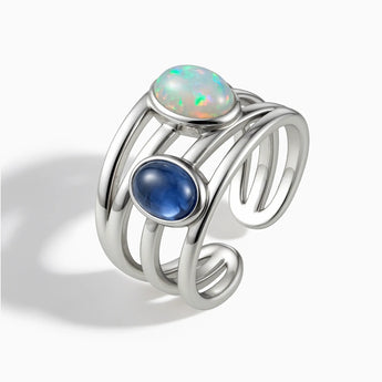 925 Sterling Silver Oval Opal & Blue Sapphire Ring - Echo of Balance Side View
