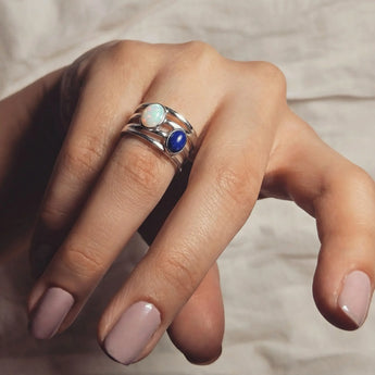925 Sterling Silver Oval Opal & Blue Sapphire Ring - Echo of Balance Worn View