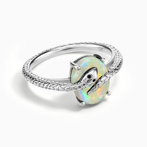 925 Sterling Silver Oval Opal Wrap Serpent Ring - Coiled Sanctum Front View