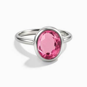 925 Sterling Silver Oval Pink Tourmaline Bezel Ring - Harmony Front View