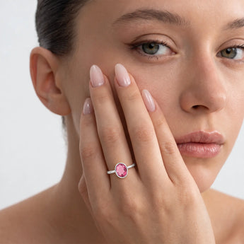 925 Sterling Silver Oval Pink Tourmaline Bezel Ring - Harmony Model Shot