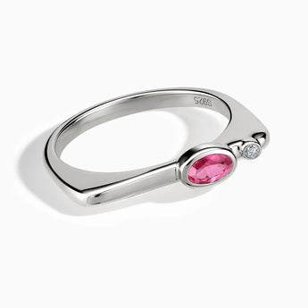 925 Sterling Silver Oval Pink Tourmaline Puzzle Stacking Ring - Minimal Form Front View