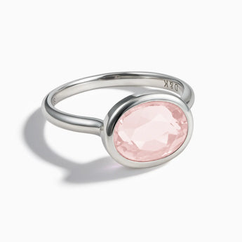 925 Sterling Silver Oval Rose Quartz Bezel Ring - Contour Front View
