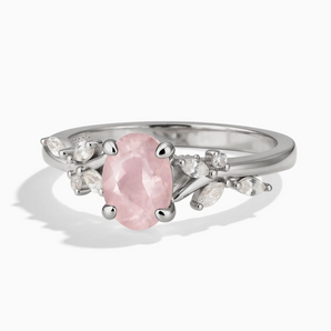 925 Sterling Silver Oval Rose Quartz Branch-Like Ring - Sylvan Charm Front View