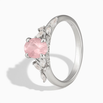 925 Sterling Silver Oval Rose Quartz Branch-Like Ring - Sylvan Charm Side View