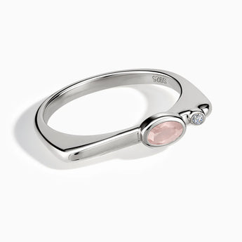 925 Sterling Silver Oval Rose Quartz Puzzle Stacking Ring - Minimal Form Front View