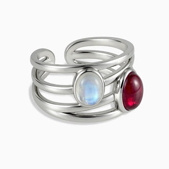 925 Sterling Silver Oval Ruby & Moonstone Ring - Echo of Balance Front View