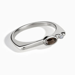 925 Sterling Silver Oval Smoky Quartz Puzzle Stacking Ring - Minimal Form Front View