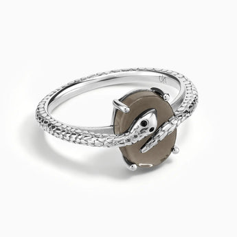 925 Sterling Silver Oval Smoky Quartz Wrap Serpent Ring - Coiled Sanctum Front View
