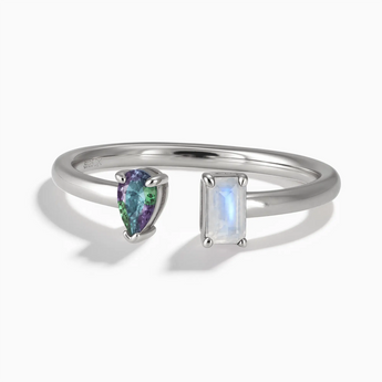 925 Sterling Silver Pear Alexandrite Emerald Cut Moonstone Toi et Moi Open Ring - Two Souls Front View