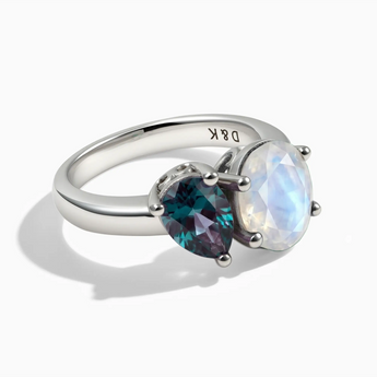 925 Sterling Silver Pear Alexandrite & Oval Moonstone Toi et Moi Ring - Twin Reverie Front View