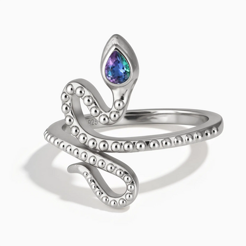 925 Sterling Silver Pear Alexandrite Serpent Ring - Mystic Coil Front View