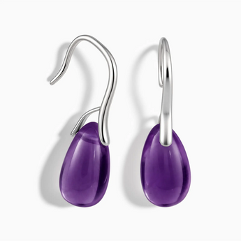 925 Sterling Silver Pear Amethyst Dangle Earrings - Dew Arc Front View