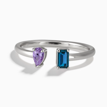 925 Sterling Silver Pear Amethyst Emerald Cut London Blue Topaz Toi et Moi Open Ring - Two Souls Front View
