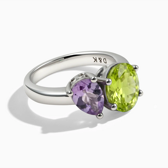 925 Sterling Silver Pear Amethyst & Oval Peridot Toi et Moi Ring - Twin Reverie Front View
