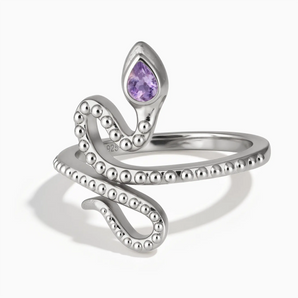 925 Sterling Silver Pear Amethyst Serpent Ring - Mystic Coil Front View