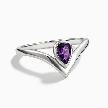 925 Sterling Silver Pear Amethyst V Band Ring - Chevron Front View