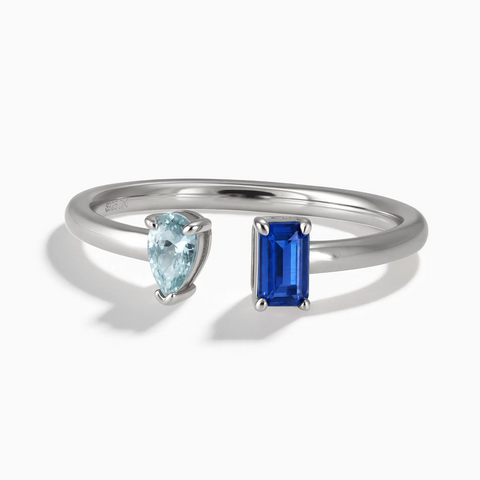 925 Sterling Silver Pear Aquamarine Emerald Cut Blue Sapphire Toi et Moi Open Ring - Two Souls Front View