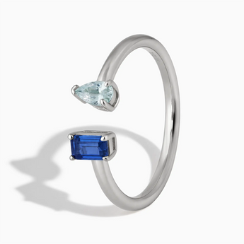 925 Sterling Silver Pear Aquamarine Emerald Cut Blue Sapphire Toi et Moi Open Ring - Two Souls Side View