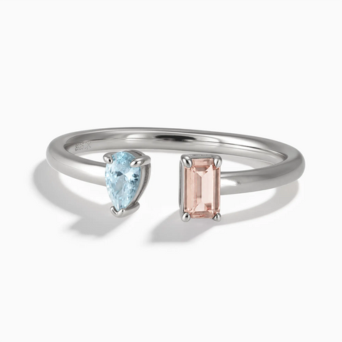 925 Sterling Silver Pear Aquamarine Emerald Cut Morganite Toi et Moi Open Ring - Two Souls Front View