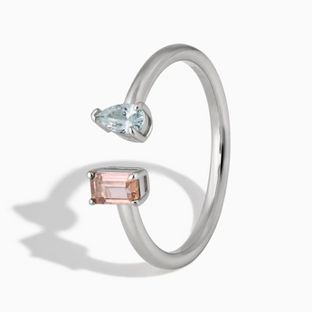 925 Sterling Silver Pear Aquamarine Emerald Cut Morganite Toi et Moi Open Ring - Two Souls Side View